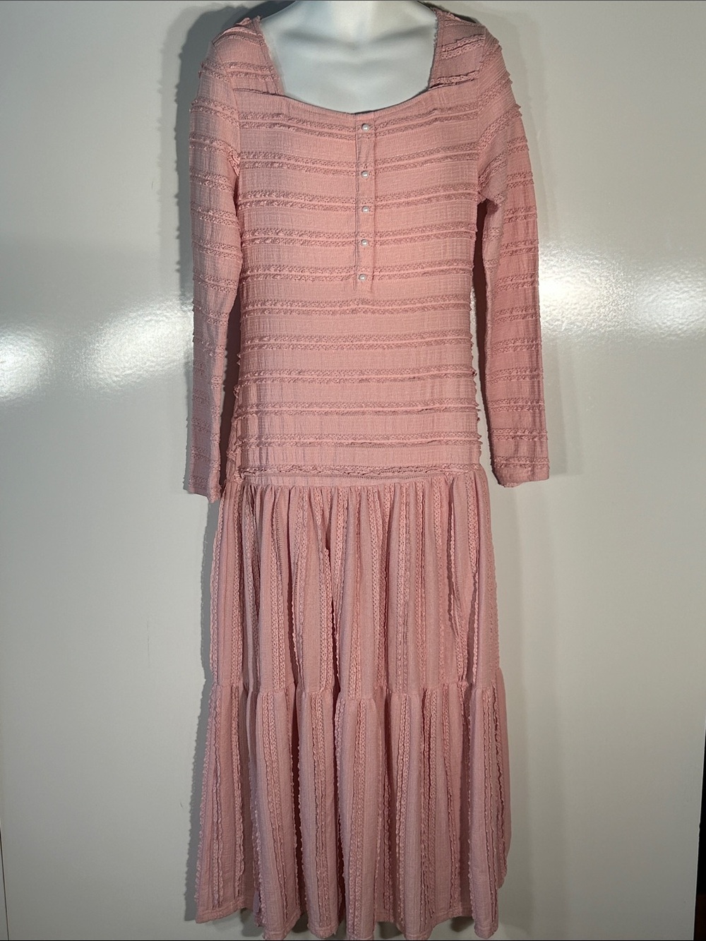 Pink Lace SZXL Drop Waist Tiered Maxi Dress Layering Boho Fairy Cottage Vintage